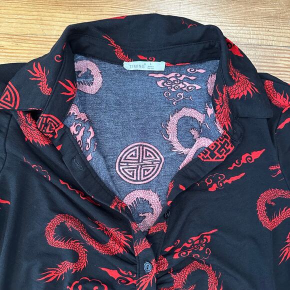 Timing black red Asian print long sleeve button down ruched dress SIZE L - Picture 2 of 5